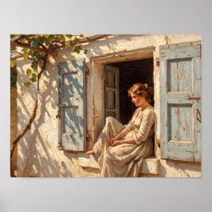 Sonnige Frau am Fenster mit blauen Fensterläden Poster