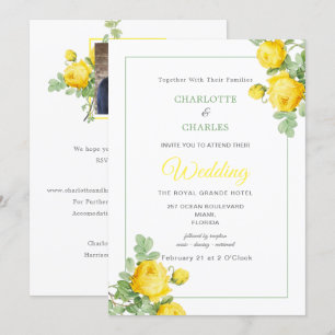 Sonnige gelbe Rosen Florale elegante Foto-Hochzeit Einladung