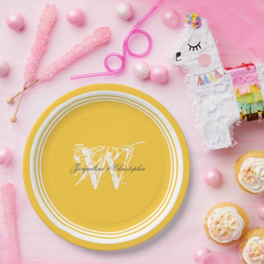 Sonnige, gelbe und weiße, elegante Monogramm-Hochz Pappteller (Party)