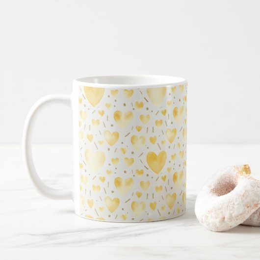 Sonnige goldene Aquarell-Herzen Kaffeetasse (Mit Donut)