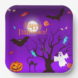 Sonnige Halloween-Kreaturen und Bonbons Pappteller