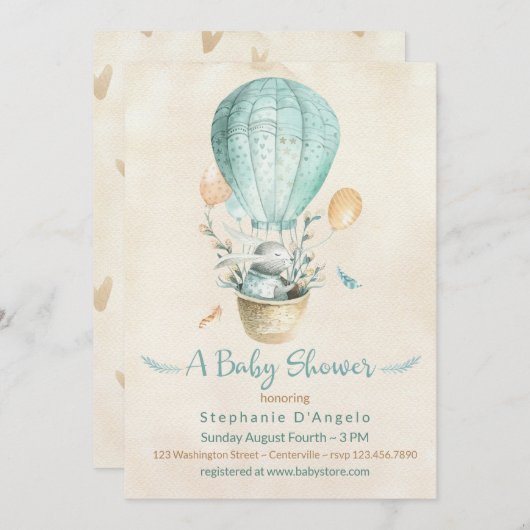 Sonnige in Aquamarin Blue Hot Air Ballon Babydusch Einladung (Vorne/Hinten)