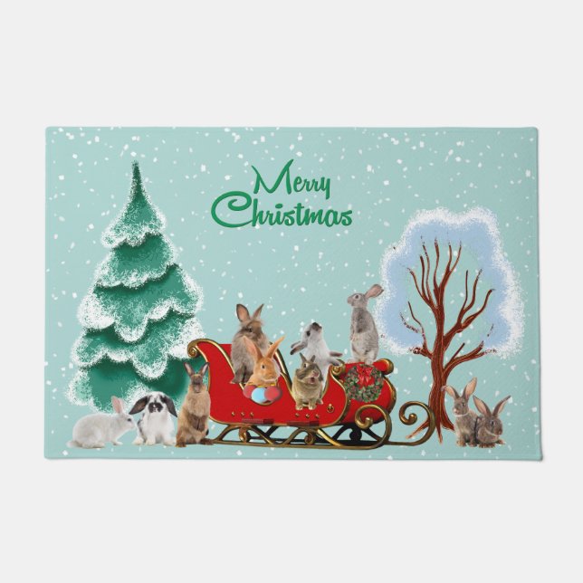 Sonnige Kaninchen Santa Sled Holiday Doormat Fußmatte (Vorderseite)