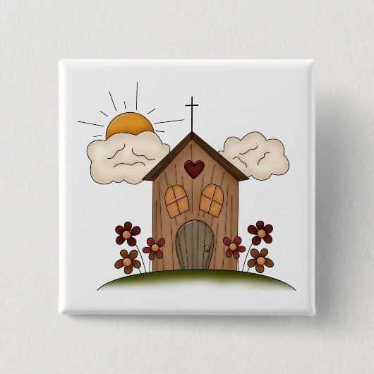 Sonnige Kirche mit Blume Rustikales Landhaus Button (Vorderseite)