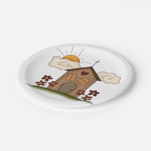 Sonnige Kirche mit Blume Rustikales Landhaus Pappteller (Schrägansicht)