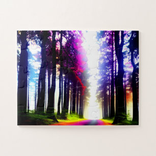 Sonnige Lage im Regenbogenwald der Silhouette für Puzzle