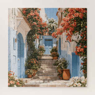 Sonnige Mittelmeer-Gasse mit blauen Türen  Puzzle
