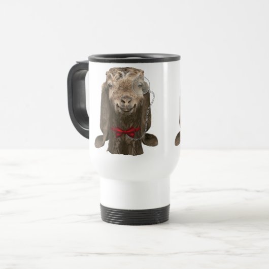 Sonnige nubische Ziege mit Monocle Reisebecher (Vorderseite Links)