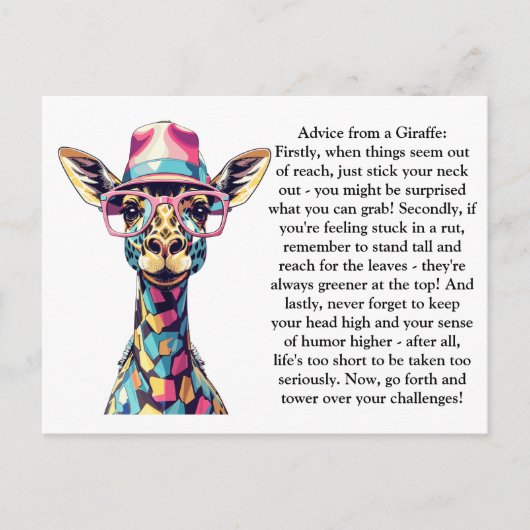 Sonnige Ratschläge von einer Giraffe Postkarte (Vorderseite)