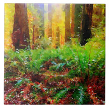 Sonnige Redwoods mit Ferns Watercolor Tile Trivet