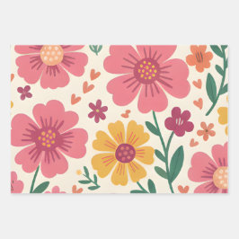 Sonnige rosa und gelbe Blüten mit Herz-Akzente Geschenkpapier Set