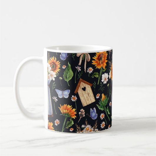 Sonnige Rustikale Wasserfarbe Muster Sonnenblumen Kaffeetasse (Links)
