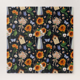 Sonnige Rustikale Wasserfarbe Muster Sonnenblumen Puzzle