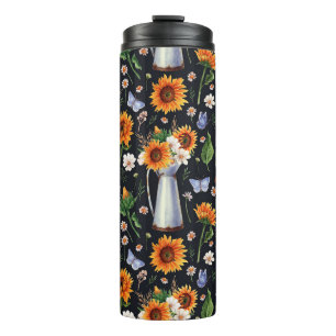 Sonnige Rustikale Wasserfarbe Muster Sonnenblumen Thermosbecher