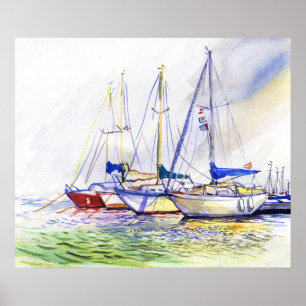 Sonnige Segelboote in einer Hafenaquarell-Landscha Poster
