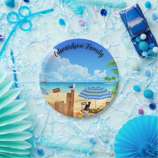 Sonnige Sommerstrandszene mit Monogramm Pappteller (Party)