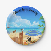 Sonnige Sommerstrandszene mit Monogramm Pappteller (Vorderseite)