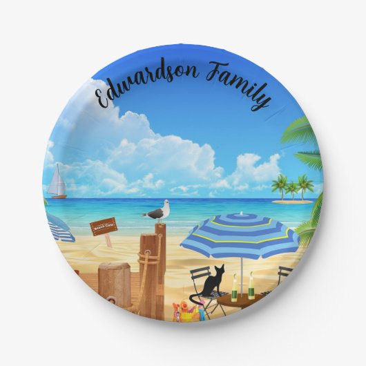 Sonnige Sommerstrandszene mit Monogramm Pappteller (Vorderseite)