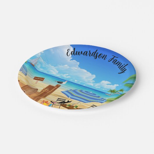 Sonnige Sommerstrandszene mit Monogramm Pappteller (Schrägansicht)