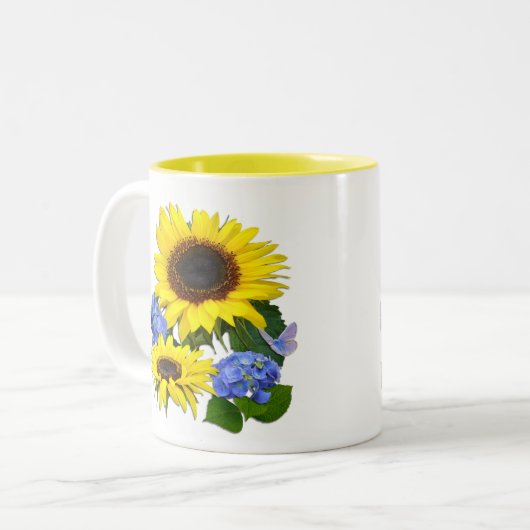 Sonnige Sonnenblumen und blaues Hydrangea Zweifarbige Tasse (Vorderseite Links)