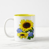 Sonnige Sonnenblumen und blaues Hydrangea Zweifarbige Tasse (Links)
