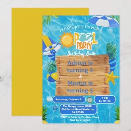 Sonnige Splash Joint Poolparty für Kinder Einladung (Vorne/Hinten)