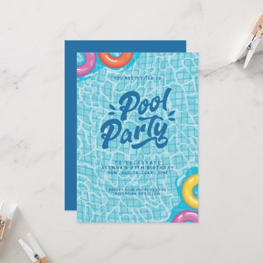 Sonnige Splash-Poolparty-Geburtstags-Einladung (Vorderseite/Rückseite Beispiel)