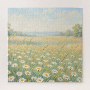 Sonnige weiße Gänseblümchen-Wiese Wildblumenfeld Puzzle