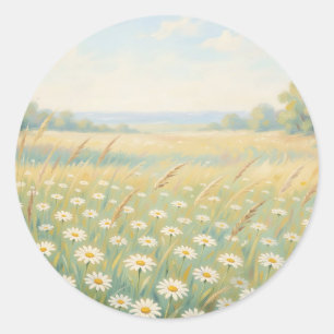 Sonnige weiße Gänseblümchenwiese Wildblumenfeld Runder Aufkleber