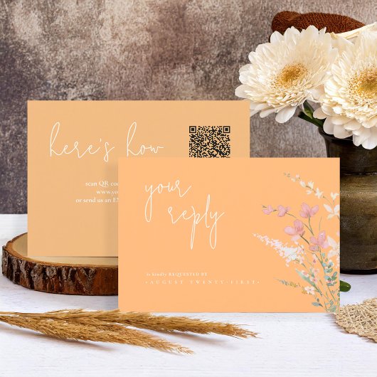 Sonnige Wildblume Hochzeit QR Code Peach ID1023 RSVP Karte