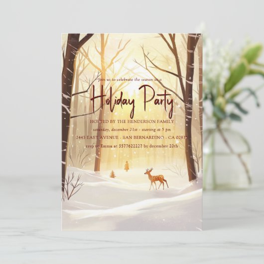 Sonnige Winterwälder und Hirschfest Einladung (Stehend Vorderseite)
