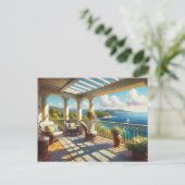 Sonniger Balkon mit Meerblick Postkarte (Stehend Vorderseite)