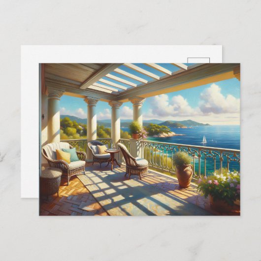 Sonniger Balkon mit Meerblick Postkarte (Vorne/Hinten)