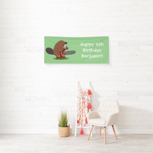 Sonniger Biber mit Kettensäge Cartoon Spaß Banner (Insitu)