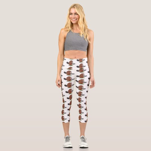 Sonniger Biber mit Kettensäge Cartoon Spaß Capri Leggings (Vorderseite)