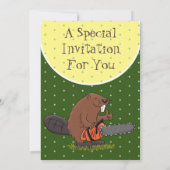 Sonniger Biber mit Kettensäge Cartoon Spaß Einladung (Rückseite)