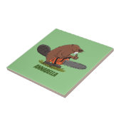 Sonniger Biber mit Kettensäge Cartoon Spaß Fliese (Seite)