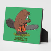 Sonniger Biber mit Kettensäge Cartoon Spaß Fotoplatte (Seite)