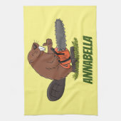 Sonniger Biber mit Kettensäge Cartoon Spaß Geschirrtuch (Vertikal)