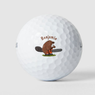 Sonniger Biber mit Kettensäge Cartoon Spaß Golfball