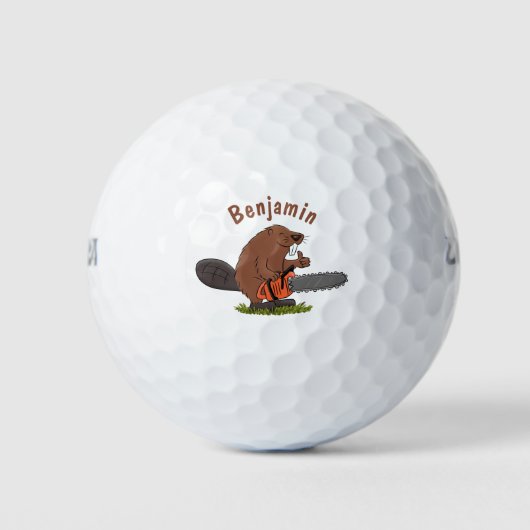 Sonniger Biber mit Kettensäge Cartoon Spaß Golfball (Vorderseite)