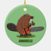 Sonniger Biber mit Kettensäge Cartoon Spaß Keramik Ornament (Hinten)