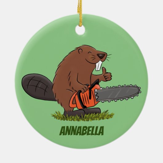 Sonniger Biber mit Kettensäge Cartoon Spaß Keramik Ornament (Hinten)