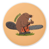 Sonniger Biber mit Kettensäge Cartoon Spaß Keramikknauf (Vorderseite)