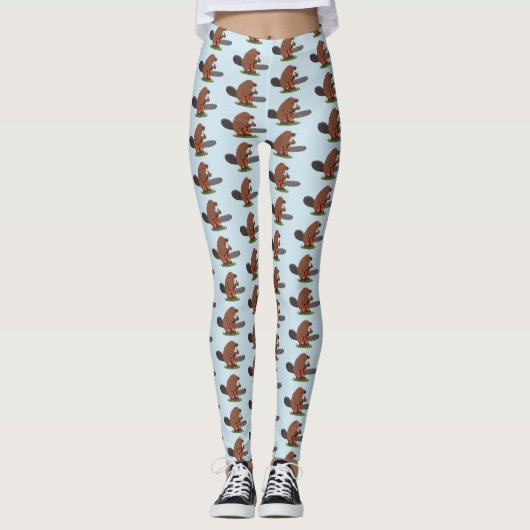 Sonniger Biber mit Kettensäge Cartoon Spaß Leggings (Vorderseite)