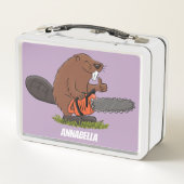 Sonniger Biber mit Kettensäge Cartoon Spaß Metall Brotdose (Rückseite)