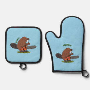 Sonniger Biber mit Kettensäge Cartoon Spaß Ofenhandschuh & Topflappen-Set