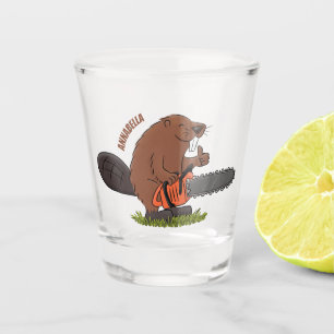 Sonniger Biber mit Kettensäge Cartoon Spaß Schnapsglas