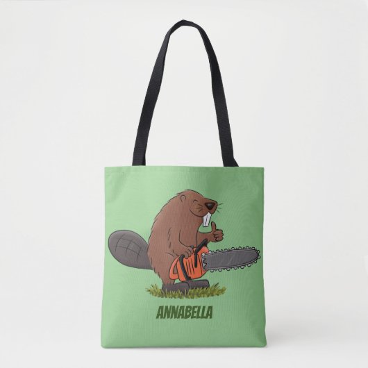 Sonniger Biber mit Kettensäge Cartoon Spaß Tasche (Vorderseite)