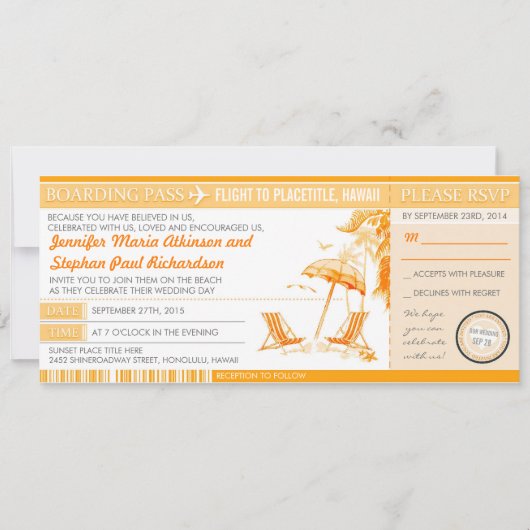 Sonniger Boarding Pass Eintrittskarten Hochzeit Ei Einladung (Vorderseite)
